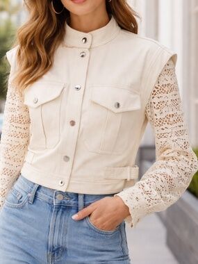 Veronica Beard Aylin Lace Sleeve Utility Jacket Ecru 10 NWOT Luxury Cottagecore